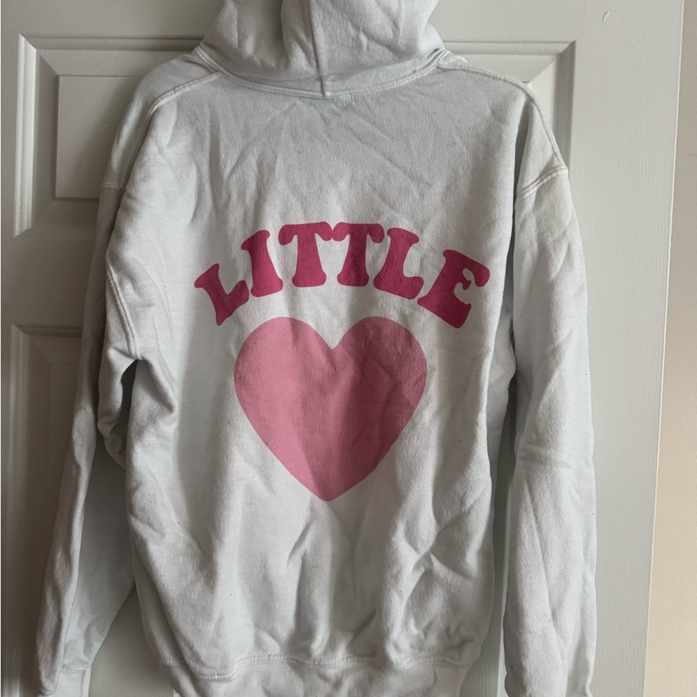 White Hoodie with Pink 'LITTLE' Heart Graphic